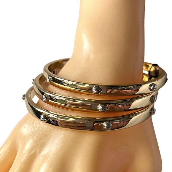 White House Black Market Stack of 3 Golden Bangles with Crystal Accents - Picture 1 of 10